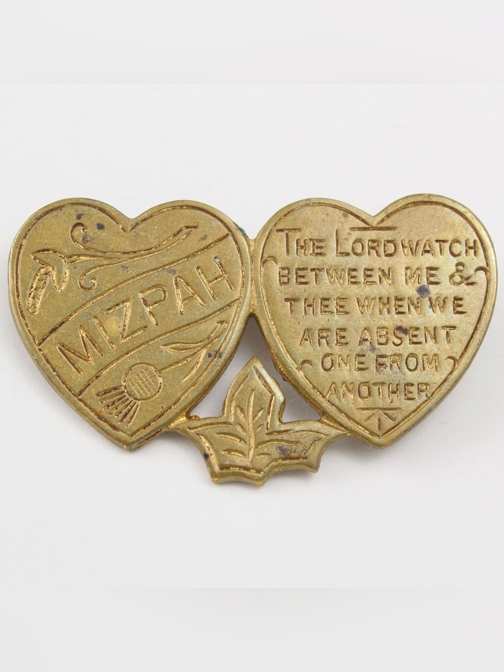 Antique WWI Mizpah Brooch Brass Hearts with Biblical Prayer